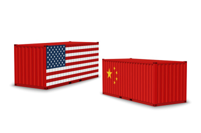 China usa trade war. Realistic cargo containers with country flags, sh