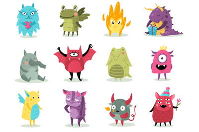 Cute monsters. Funny fabulous incredible creatures with smiles and goo