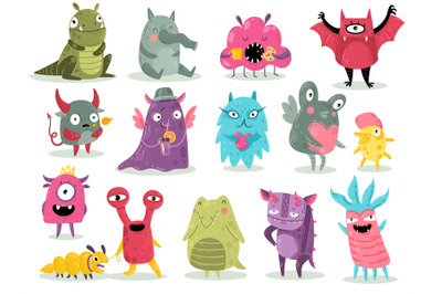 Cartoon monsters. Cute goblins, colorful alien characters, funny comic