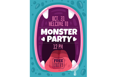 Monster party. Color invitation children flyer for halloween evening,