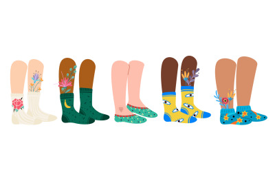 Legs in socks. Female and male feet wearing fashion socks with pattern