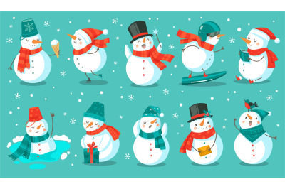 Snowman. Cheerful christmas snowmen in different costume with ice crea