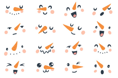 Snowman faces. Christmas funny snowmen heads with carrot nose and eyes