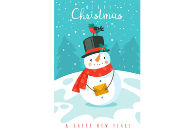 Snowman. Happy new year and merry christmas greeting card with cheerfu