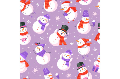 Snowman seamless pattern. New year and christmas design with cute snow