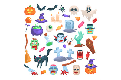 Halloween icons. Funny holiday candle&2C; zombie&2C; witch cauldron and broo