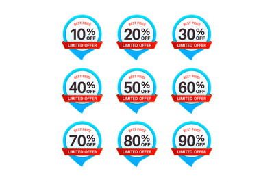 Discount tags. Price 10 - 90 percent off marketing badges, product pro