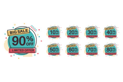 Sale tags. Discount badges 10, 20, 30, 40, 50, 60, 70, 80, 90 percent