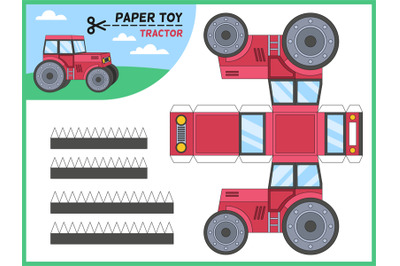 Tractor paper cut toy. Kids handmade educational game printable 3d pap