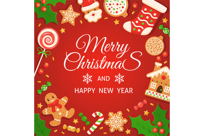 Gingerbread background. Merry christmas and happy new year poster with