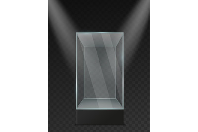 Glass showcase. Transparent plastic empty square box under spotlights