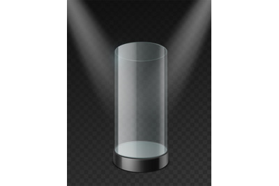 Glass cylinder showcase. Clear plastic case under spotlights realistic