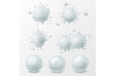 Snowball splatter. Snow splashes and round white snowballs winter kids