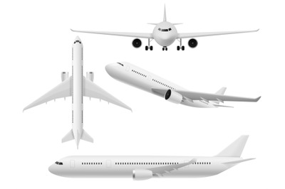 Airplane 3d. Airliner top&2C; side and front view. Flying aircraft in var