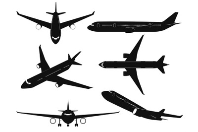 Airplane silhouettes. Passenger aircraft in different angles&2C; flying p