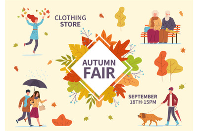 Autumn fair. Fall season public exhibition, clothes sale and flea mark