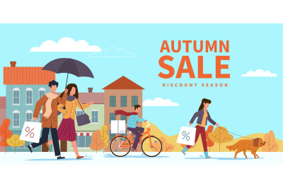 Autumn sale. Special fall offer, people with shopping bags and umbrell