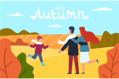 Hello autumn. Happy family in autumn park young parents mother father