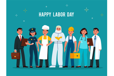 Labour day. Professionals group in uniforms of various professions. Sc