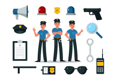 Police equipment. Police officer characters in uniform with profession