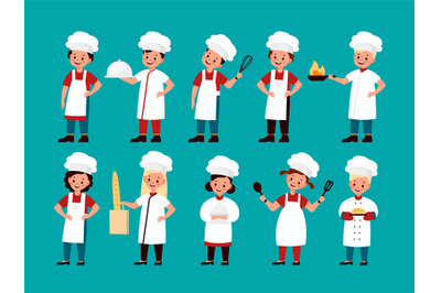 Chef kids. Happy gourmet children cook delicious food on kitchen, fun