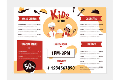 Kids menu. Young chefs and kitchenware, boys and girls cook food, desi