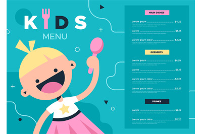 Kids menu. Colorful kid food and drink menu for cafe or restaurant, cu