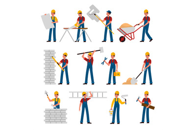 Construction workers. Cartoon builders in helmet work with constructio