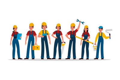 Builders group. Construction industry people team in helmet, contracto