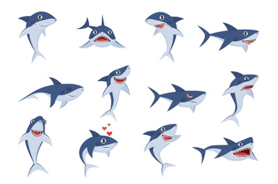 Cartoon cute sharks. Underwater characters with different emotions, ha