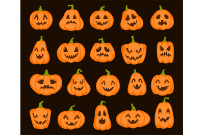 Halloween orange pumpkin set. Cartoon pumpkins jack lantern characters