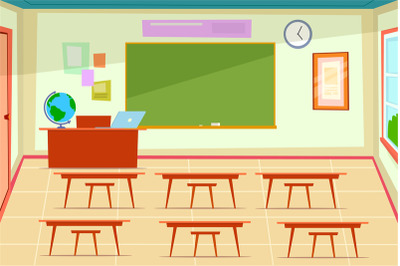 Empty classroom. Class room interior with desk and chairs for kids and