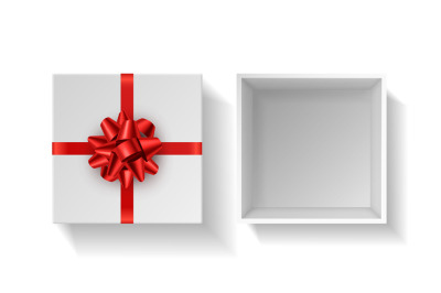 Present box with red bow. Top view gift white open case with red ribbo