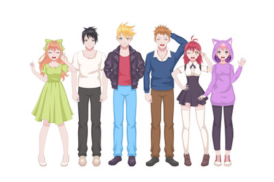 Group anime characters. Manga girls and boys, kawaii asian teens in ca