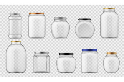 Glass jars. Empty clear containers different sizes with metal and plas