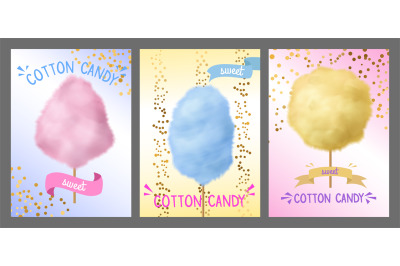 Cotton candy. Colorful sugar floss on stick, blue, pink and yellow swe