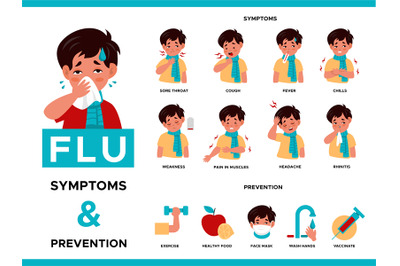 Cold and flu symptoms, prevention. Sick boy with virus. Children infec