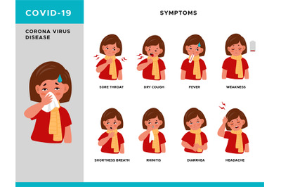 Covid symptoms. Girl characters with cough&2C; rhinitis and fever&2C; fatigu