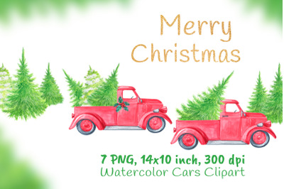 christmas red truck with pine woodland tree