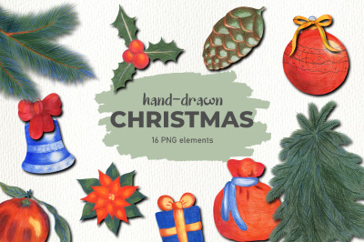 16 hand-drawn Christmas elements PNG bundle