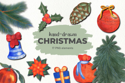 17 hand-drawn Christmas elements PNG bundle