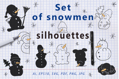 Set of snowmen and silhouettes