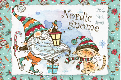 Winter clipart Nordic gnome Png and cute cat, Christmas card