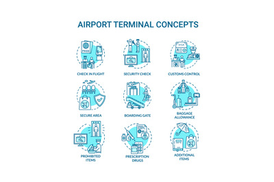 Airport terminal concept icons set