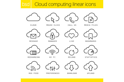 Cloud computing linear icons set