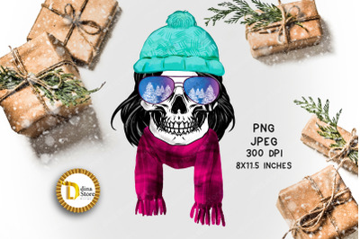 christmas sublimation clipart-winter skull with sun glasses