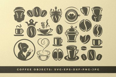 Coffee beans and cups silhouettes and icons bundle vector illustration