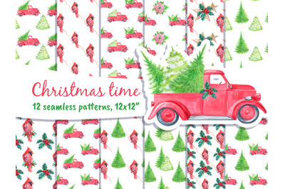 Merry Christmas Seamless Patterns, Watercolor Winter New Year