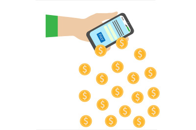 Money is streaming from the phone. When paying online, coins fly down