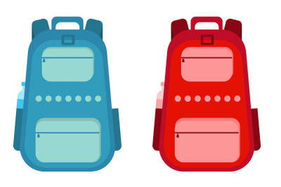 School backpack blue and red for boy and girl. Vector set colorful